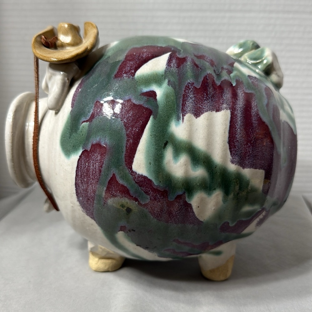 Large Vtg Pottery Studio Ceramic Art Piggy Bank Drip Glaze Cowboy Hat Multicolor - Picture 4 of 11